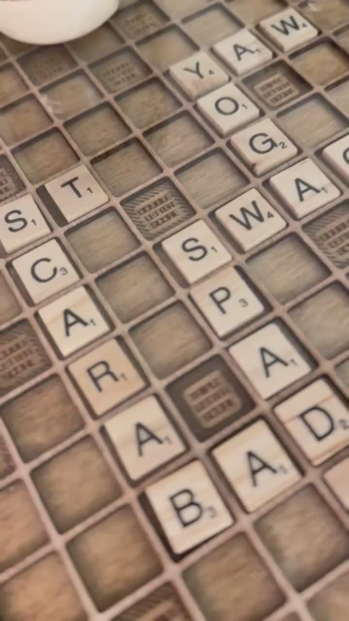 Rustic Wooden Scrabble End Table with Hidden Drawer. Full set of letter tiles included. 100% Made in the USA.