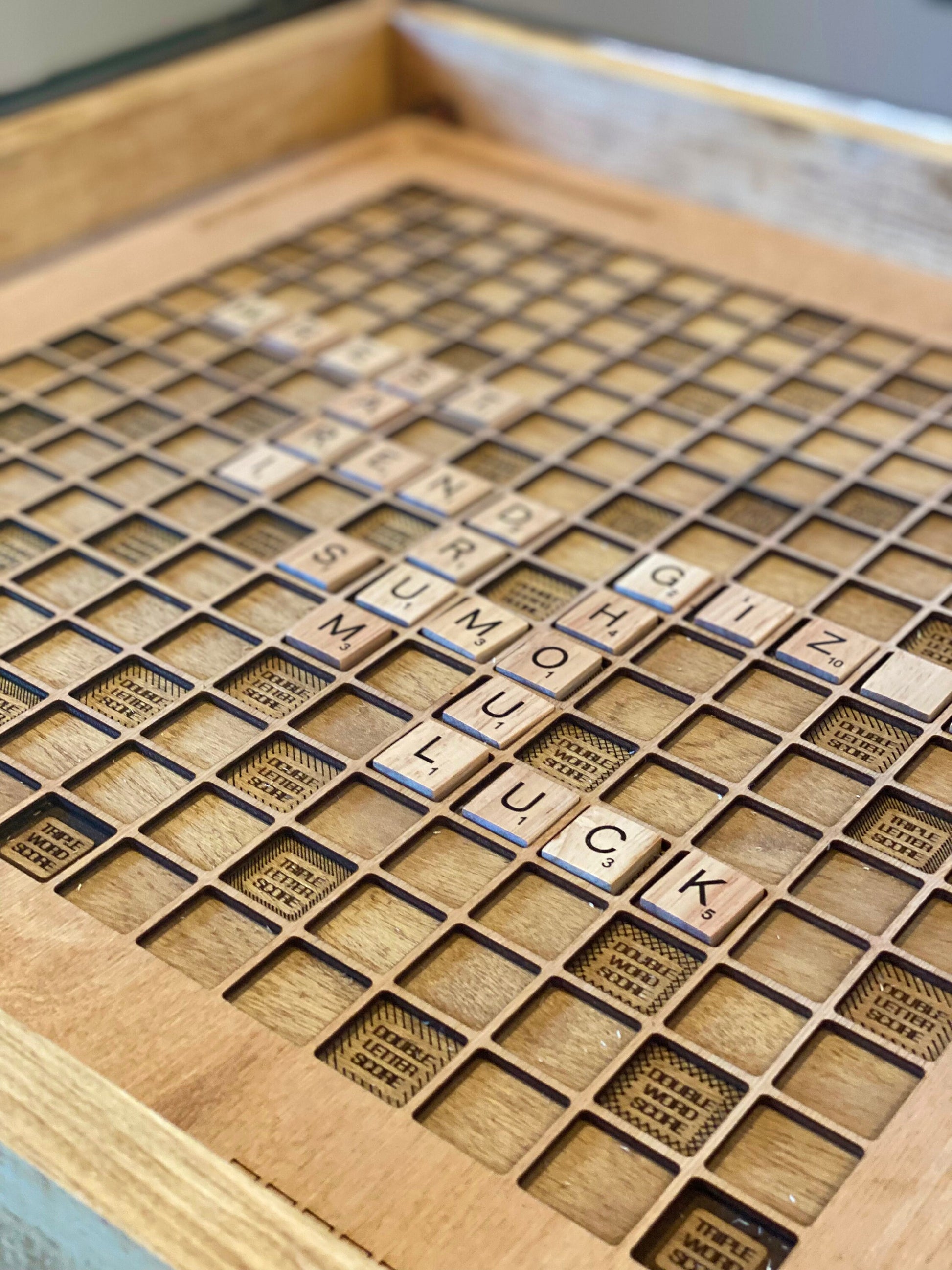Rustic Wooden Scrabble Board with Rotating Lazy Susan - letter tiles a –  Charles River Woodworks