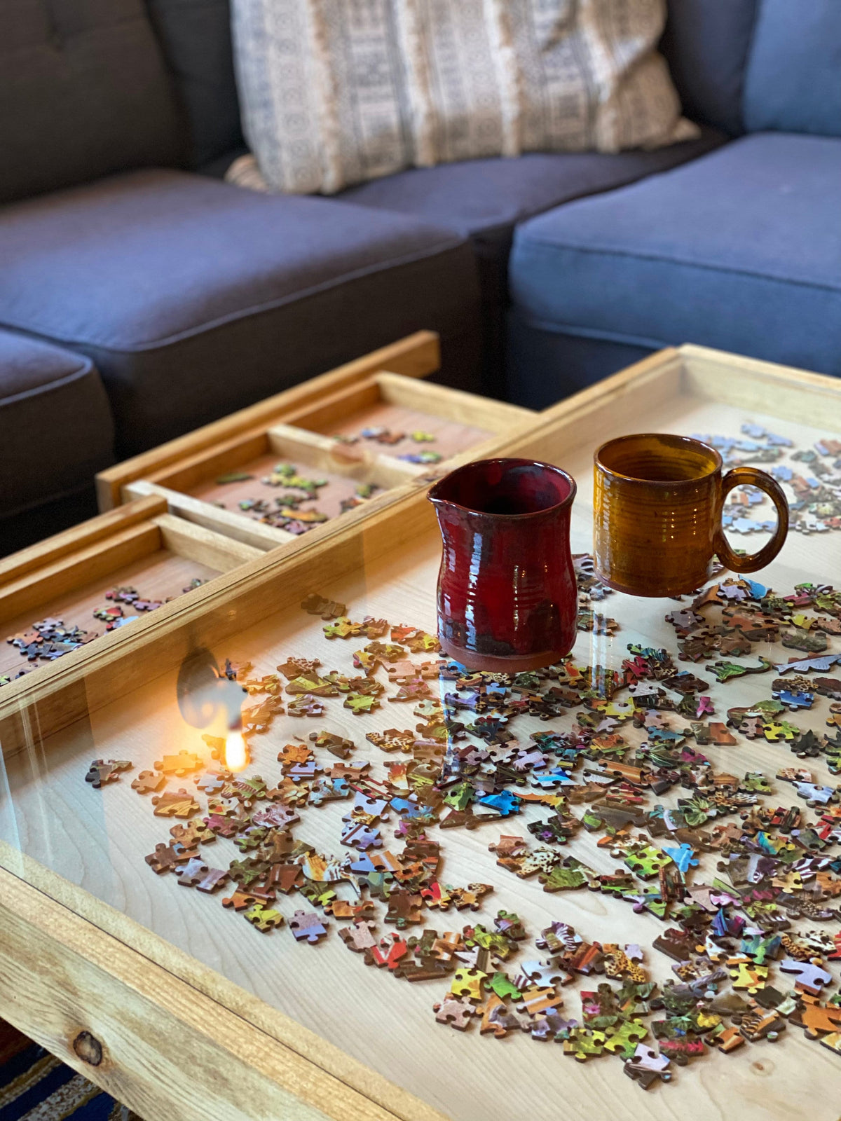 Rustic Puzzle Coffee Table with removable glass top - includes 2 hidde ...