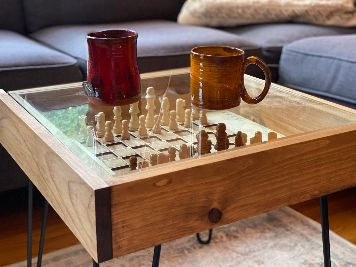 Rustic Chess and Checkers Table with removable glass top - chess and c ...